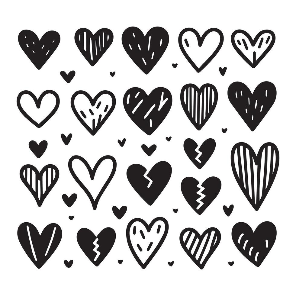 Hand-Drawn Hearts on Clean White Background, Variety of Shapes and Sizes vector
