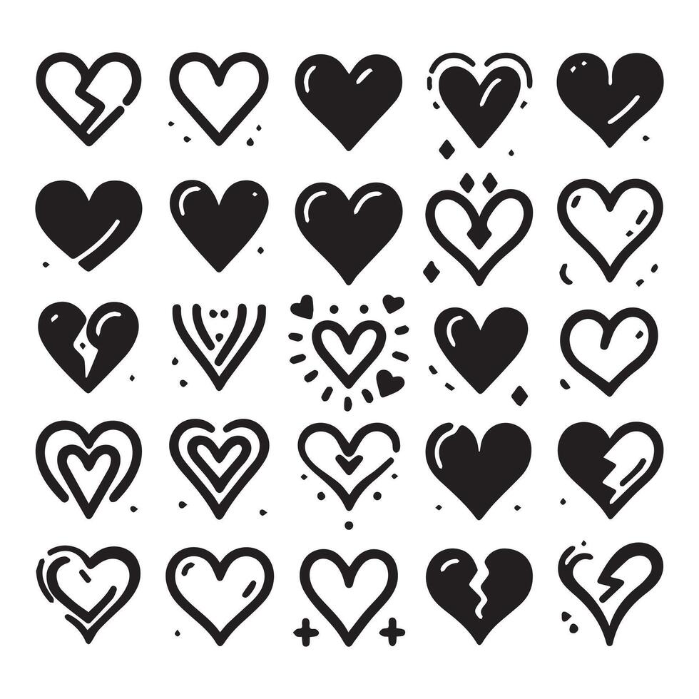 Hand-Drawn Hearts on Clean White Background, Variety of Shapes and Sizes vector