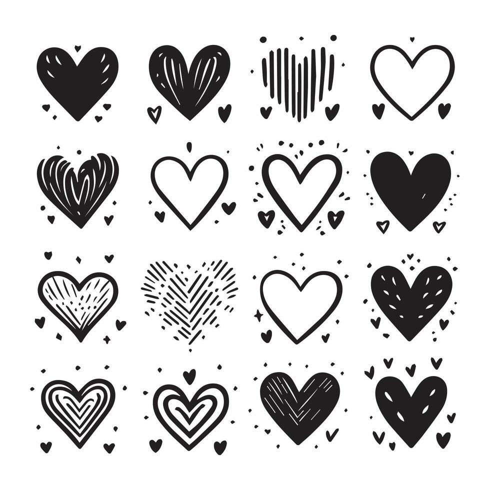 Hand-Drawn Hearts on Clean White Background, Variety of Shapes and Sizes vector