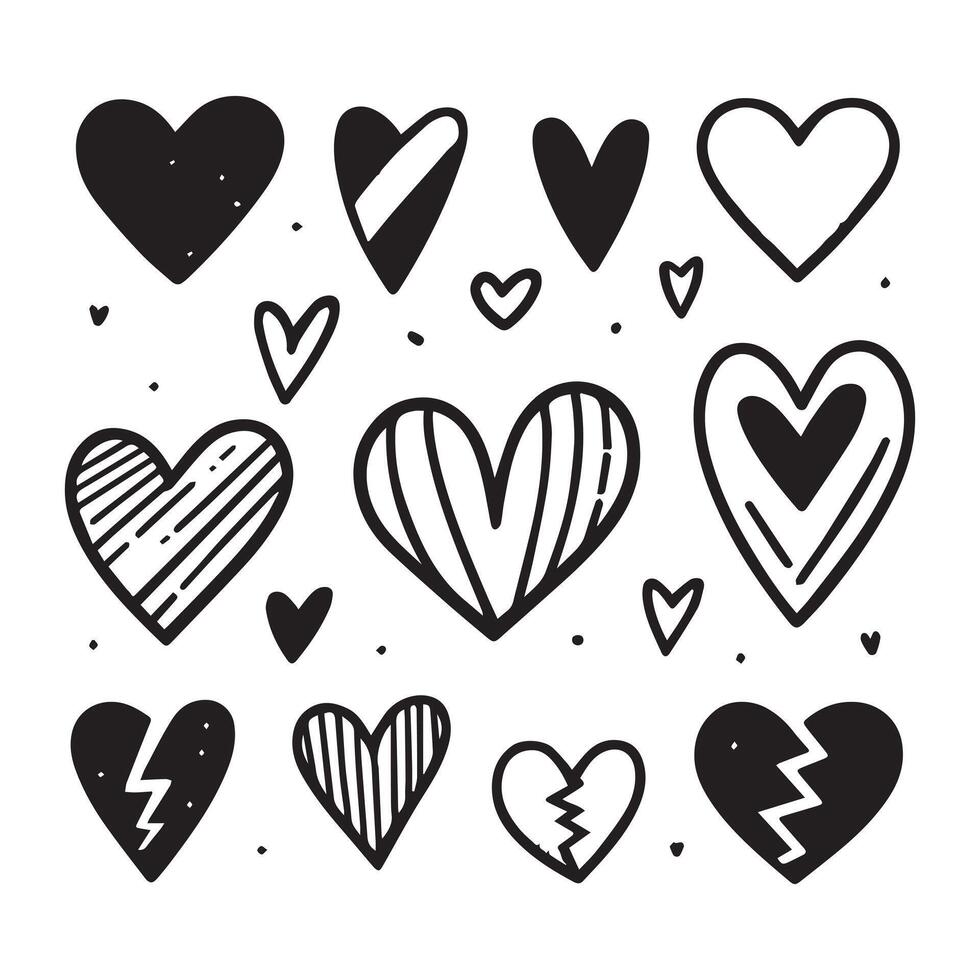 Hand-Drawn Hearts on Clean White Background, Variety of Shapes and Sizes vector