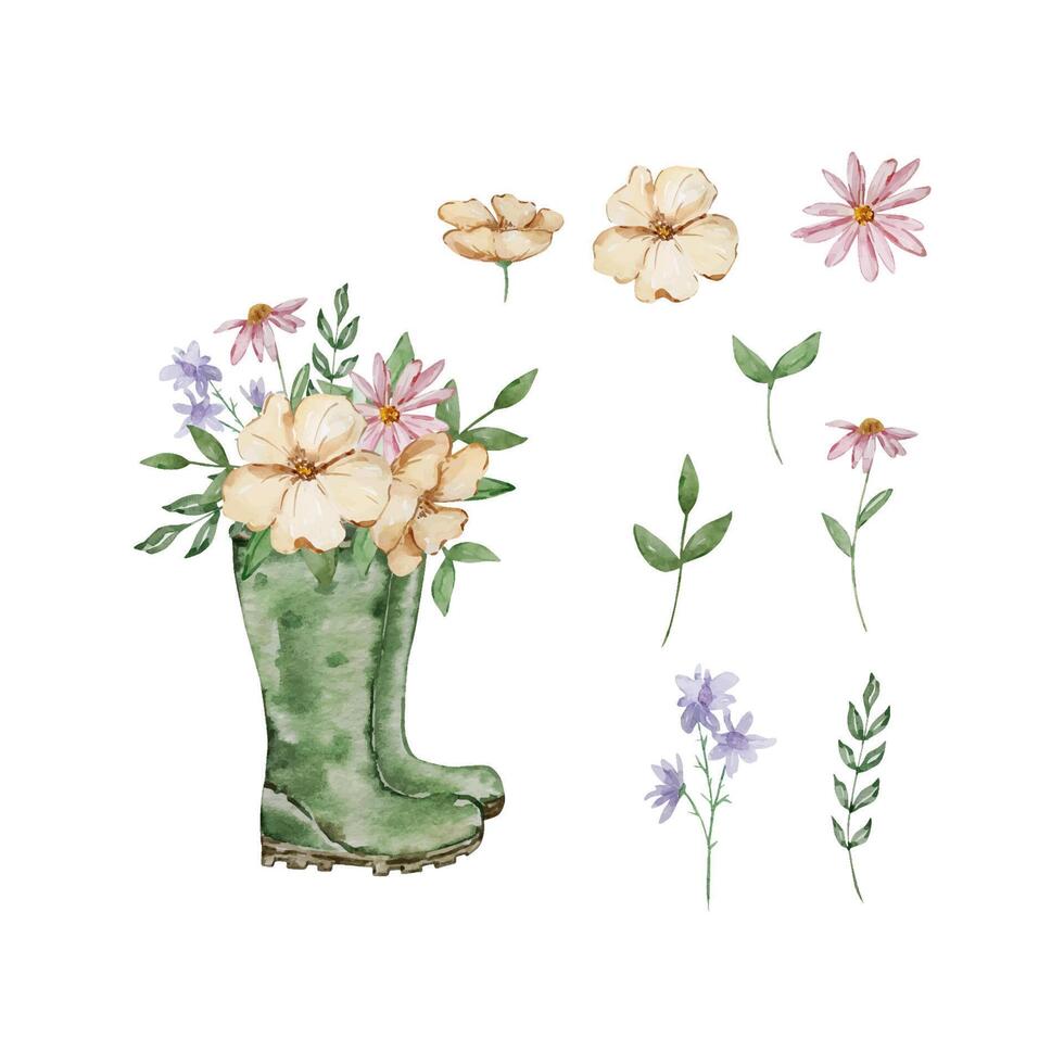 Watercolor rubber rain boots with garden flowers vector