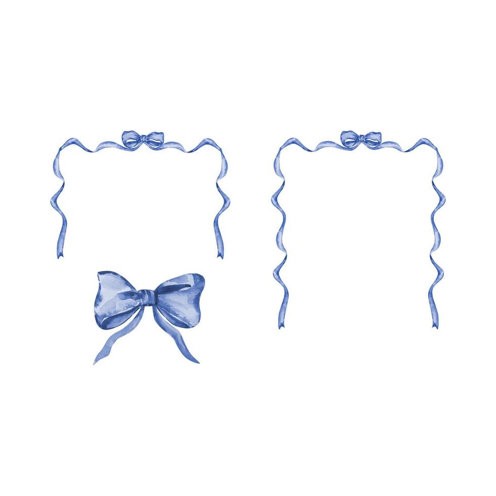 Blue frames set of watercolor ribbon and bow vector