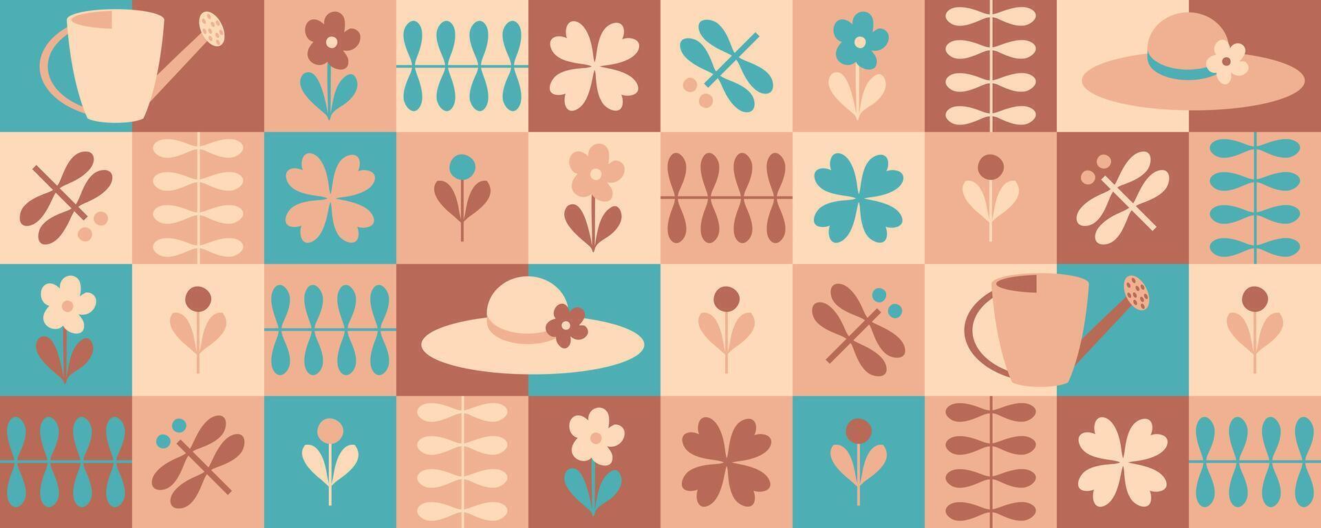 Summer checkered geometric horizontal banner with water cans and straw hats. Hand drawn floral print. vector