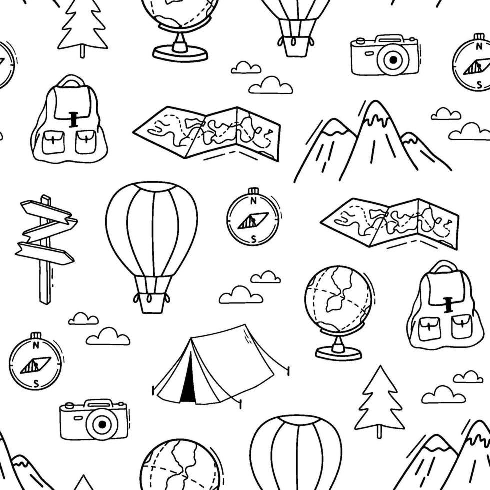 Seamless monochrome pattern on theme of hiking and summer travel, camping. Background with tent, mountains and air balloon vector