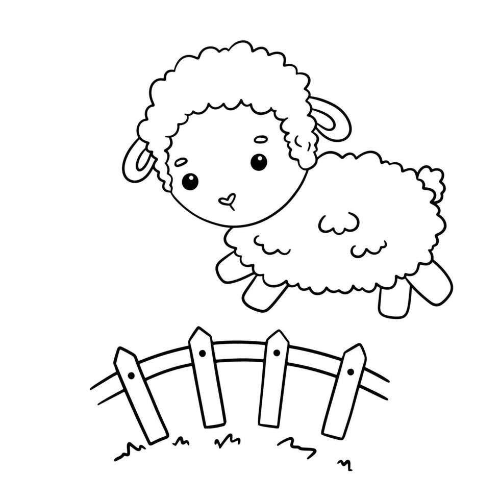 Cute sheep jumping over fence. Counting sheep to fall asleep. outline illustration for children. vector