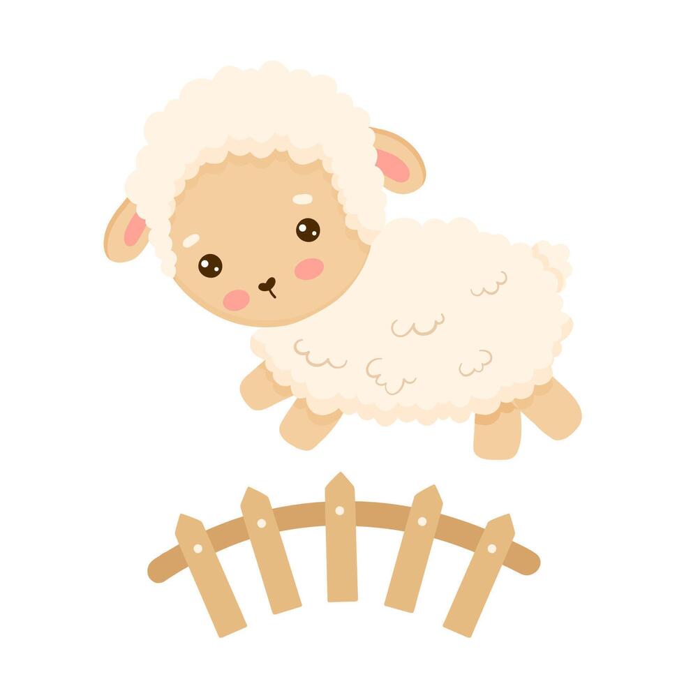 Cute cartoon sheep jumping over fence. Counting sheep to fall asleep. Good night sleep metaphor poster. illustration isolated on white. vector