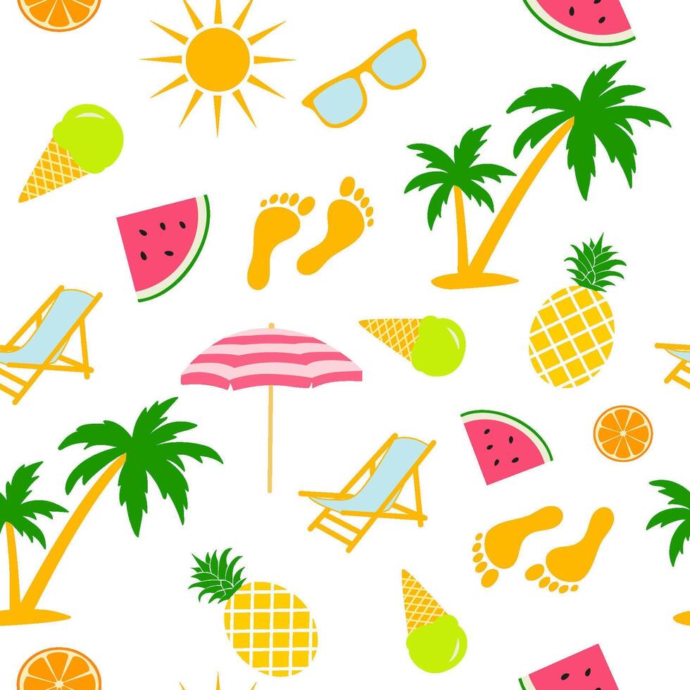 seamless pattern with summer elements. Umbrella, pineapple, watermelon and sunglasses on white vector