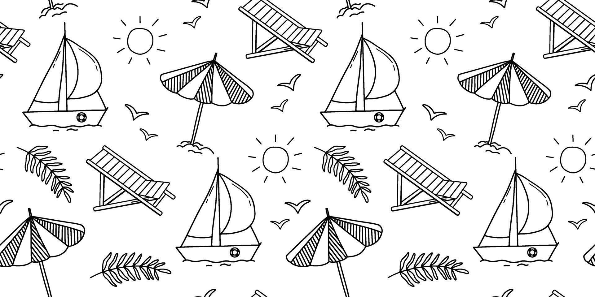 Seamless monochrome pattern on theme of summer beach holidays. Background with umbrella, sailboat, seagulls vector