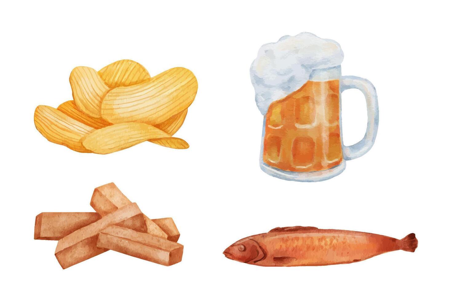 Mug of beer, chips and fish. Watercolor illustration vector