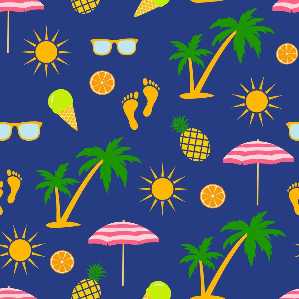 seamless pattern with summer elements. Umbrella, pineapple, sun and sunglasses on dark blue background vector