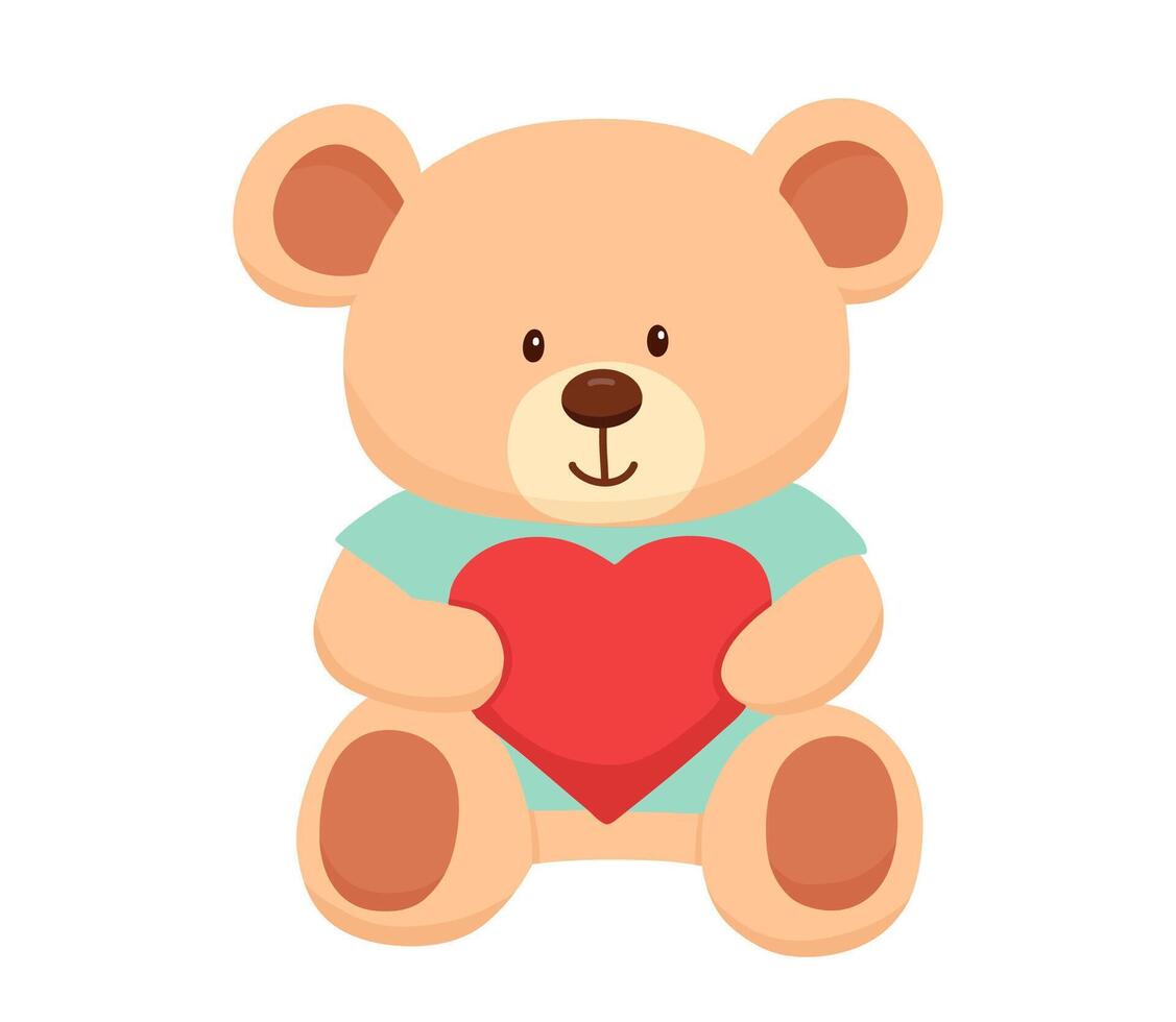 Cute bear toy with heart. Hand drawn flat illustration isolated on white vector