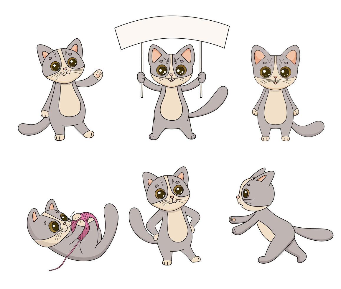 Hand drawn illustration character cat playing wool ball, holding banner and waving paw. Funny cartoon kitty isolated on white. childish illustrations set vector