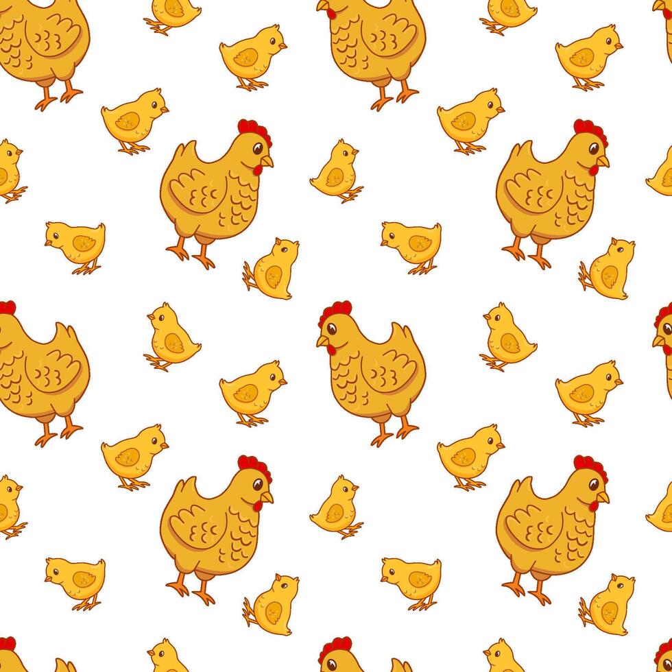 Seamless pattern with cute farm chicken and baby chick isolated on white background. repeat pattern vector