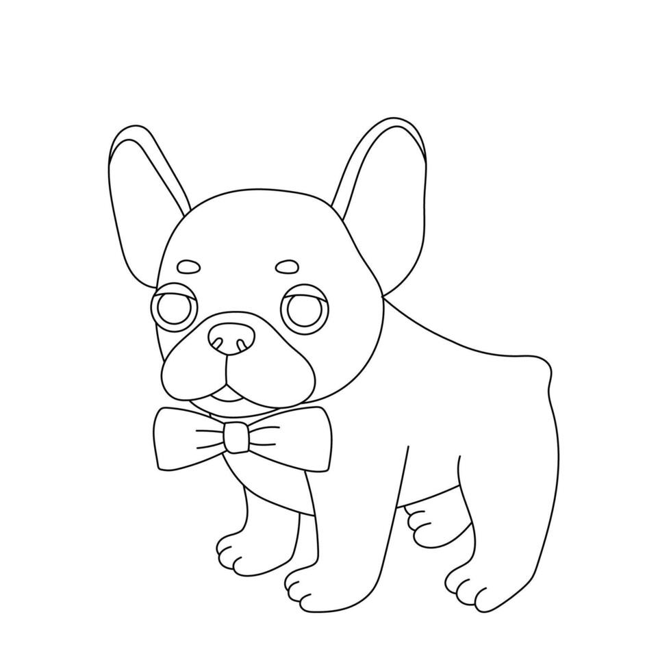 Outline cartoon funny french dog for coloring book. Cute puppy with bow tie vector