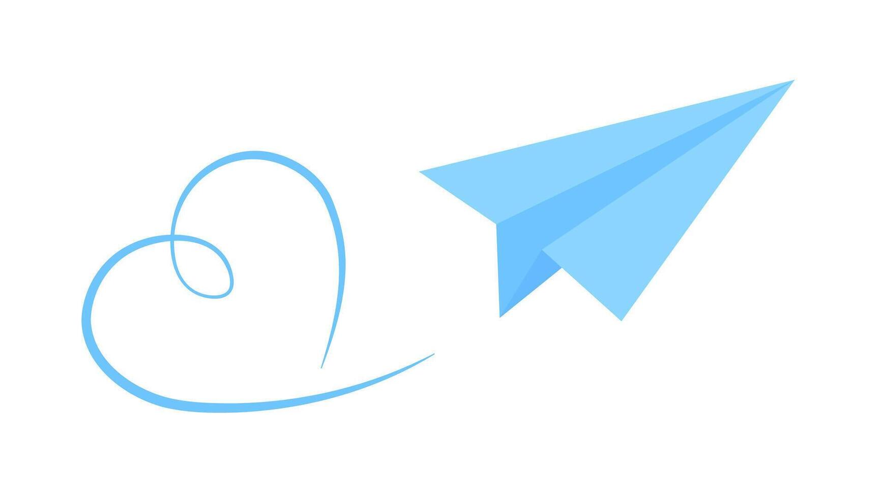 Minimalist Blue Handmade Paper Plane and Heart Line Art. Valentines Day 3D Icon, Flat Design. vector
