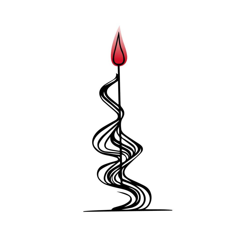 Burning candle with red flame, line art, fantasy shape, doodle hand-drawing, isolated sketch on white background. vector