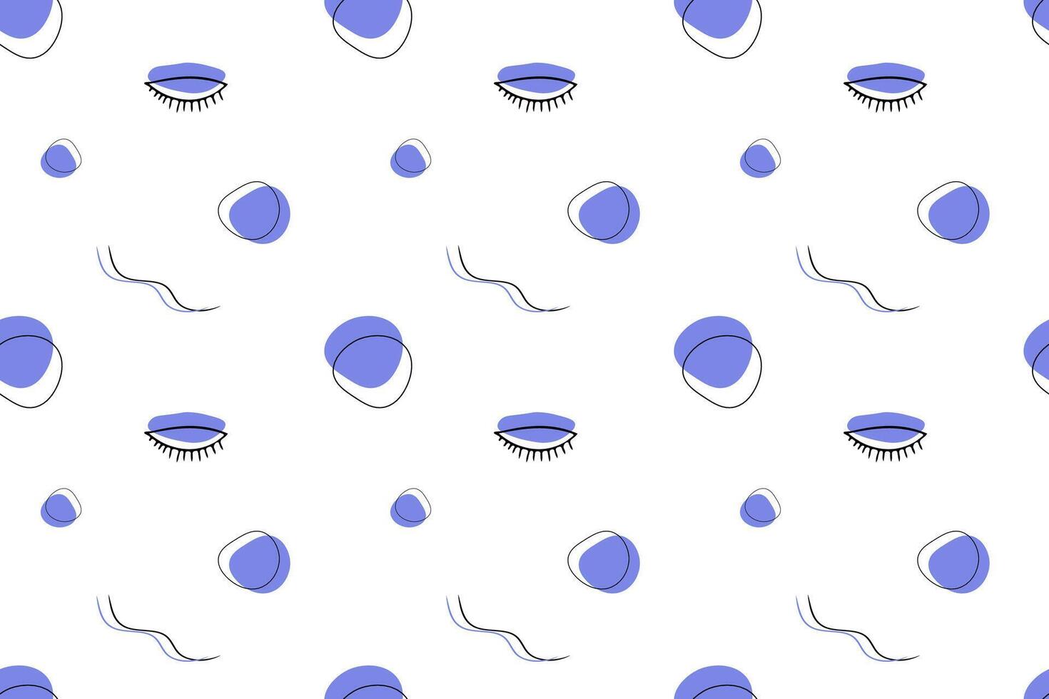 Abstract seamless pattern with eyes, blue circle shapes, and wavy lines, editable illustration on white background vector