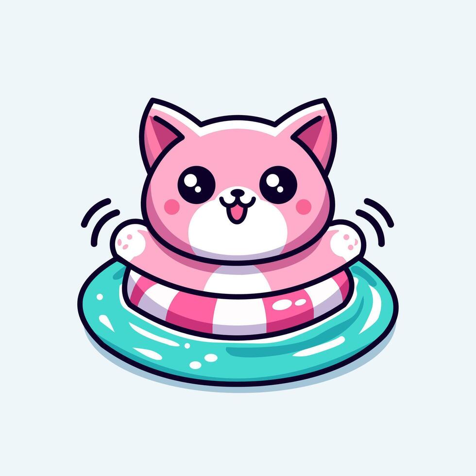 mascot of a cat swimming with a buoy in a cute and simple cartoon style vector