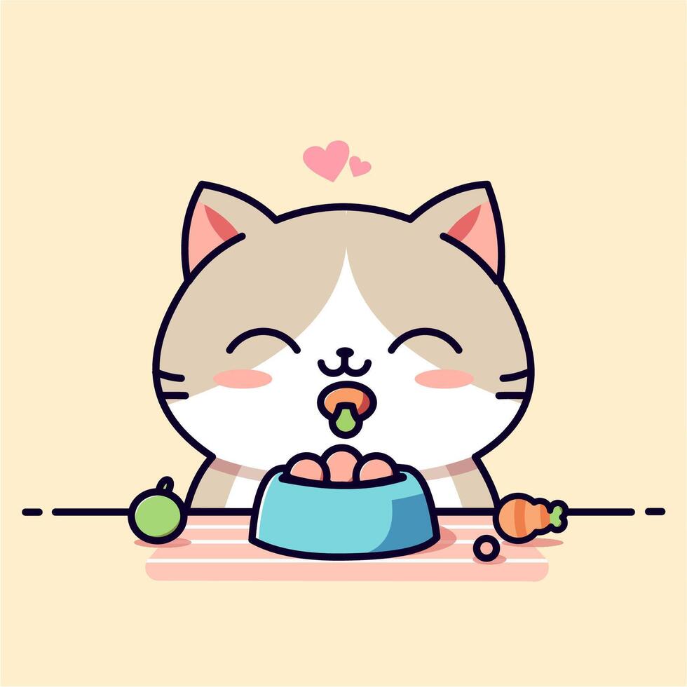 cat mascot eating vegetables in simple cartoon style vector