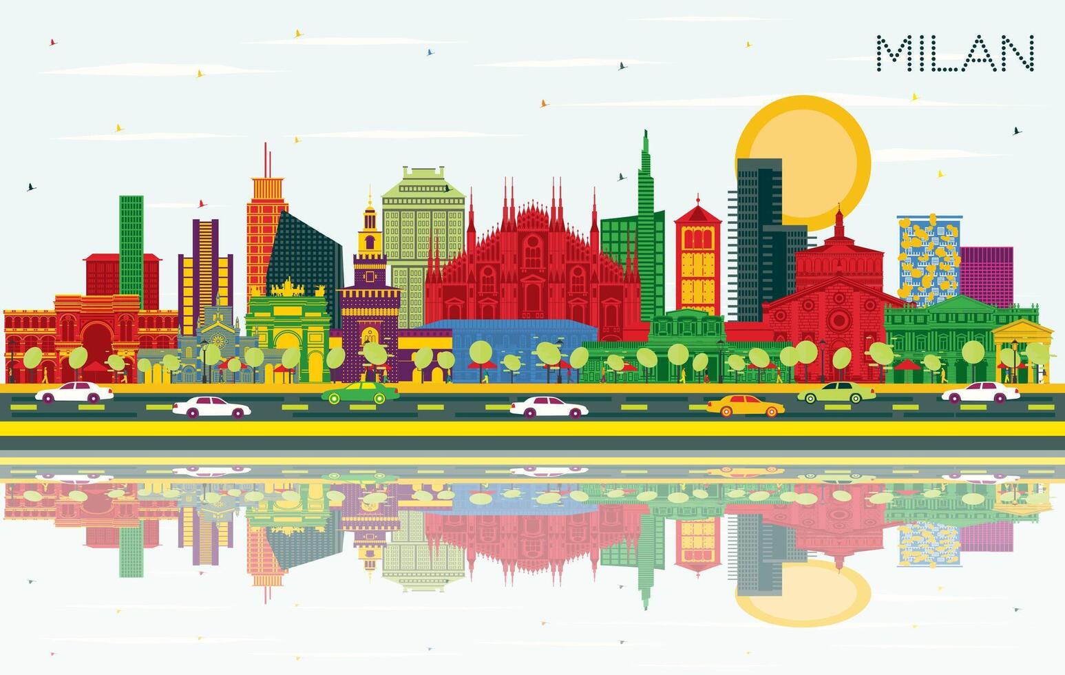 Milan Italy City Skyline with Color Buildings, Blue Sky and Reflections. Business Travel and Concept with Historic Architecture. Milan Cityscape with Landmarks. vector