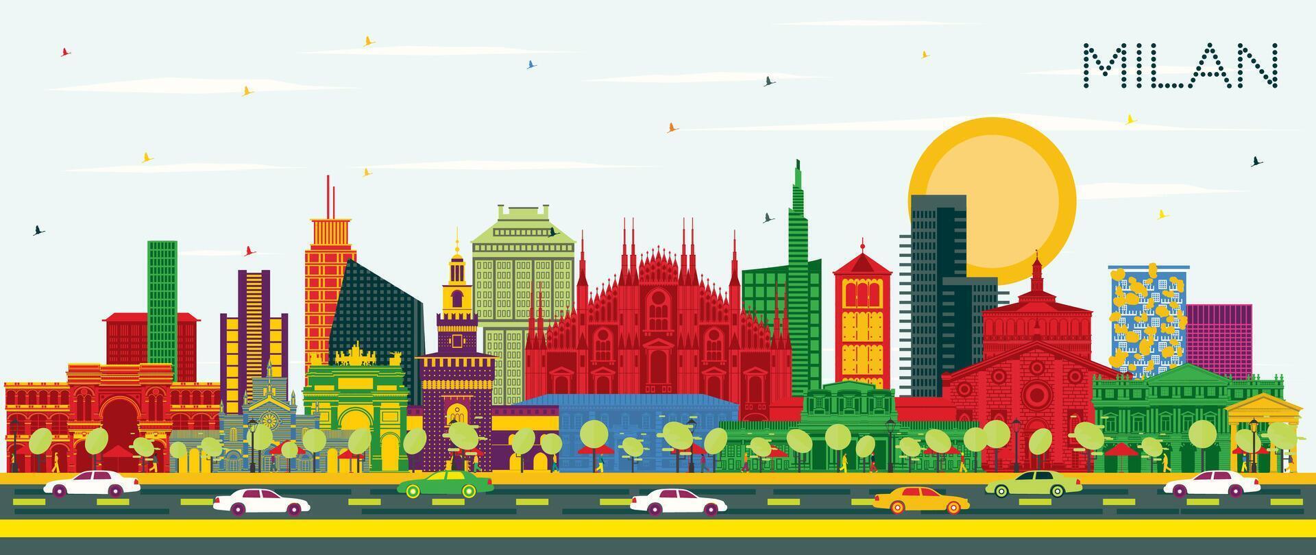 Milan Italy City Skyline with Color Buildings and Blue Sky. Business Travel and Concept with Historic Architecture. Milan Cityscape with Landmarks. vector