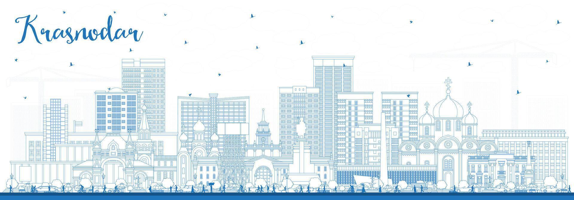 Outline Krasnodar Russia city skyline with blue buildings. Krasnodar cityscape with landmarks. Business travel and tourism concept with modern and historic architecture. vector