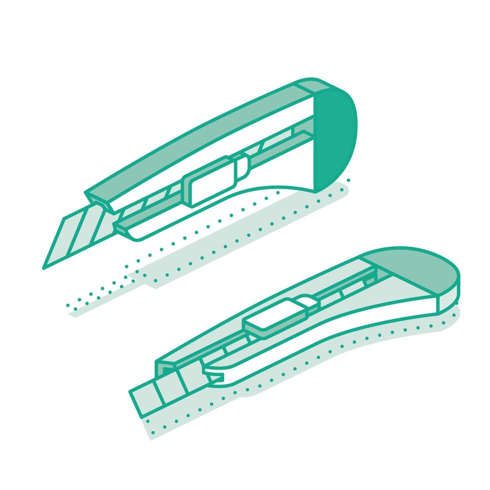 Isometric stationery utility knife with sharp blade. Outline icon isolated on white. vector