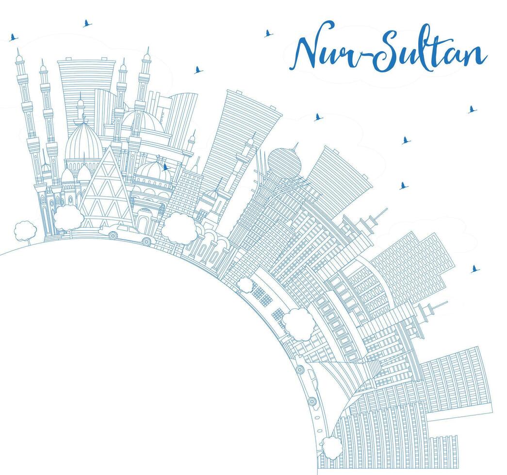 Outline Nur-Sultan Kazakhstan City Skyline with Blue Buildings and Copy Space. Nur-Sultan Cityscape with Landmarks. Tourism Concept with Modern Architecture. vector