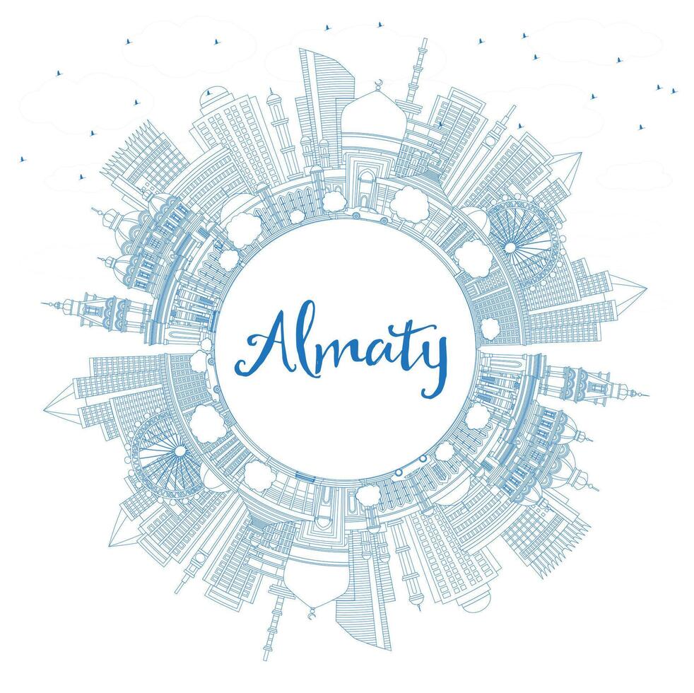Outline Almaty Kazakhstan City Skyline with Blue Buildings and Copy Space. Almaty Cityscape with Landmarks. Business Travel and Tourism Concept with Modern Architecture. vector