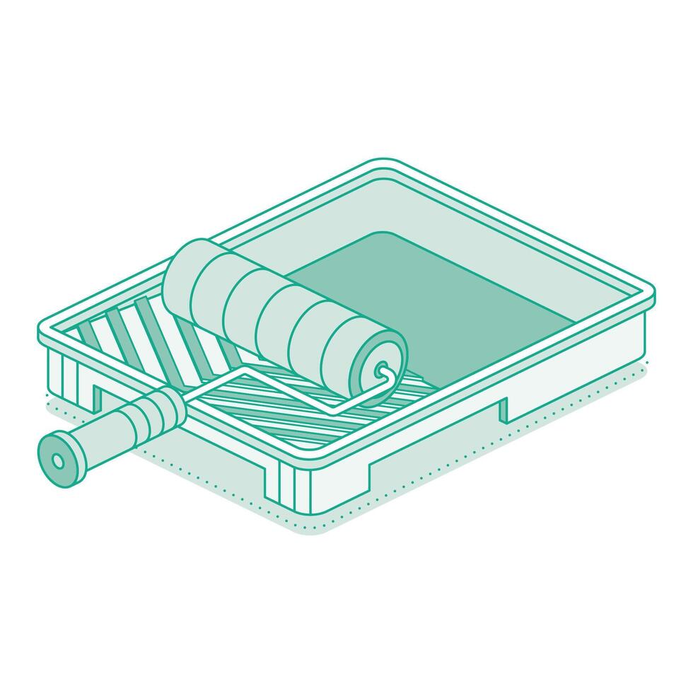 Isometric paint roller on tray. Outline object isolated on white background. Empty paint tray. vector