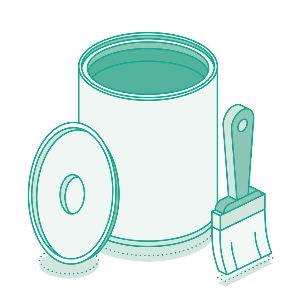 Isometric paint brush with open can and cap. Outline object isolated on white background. vector