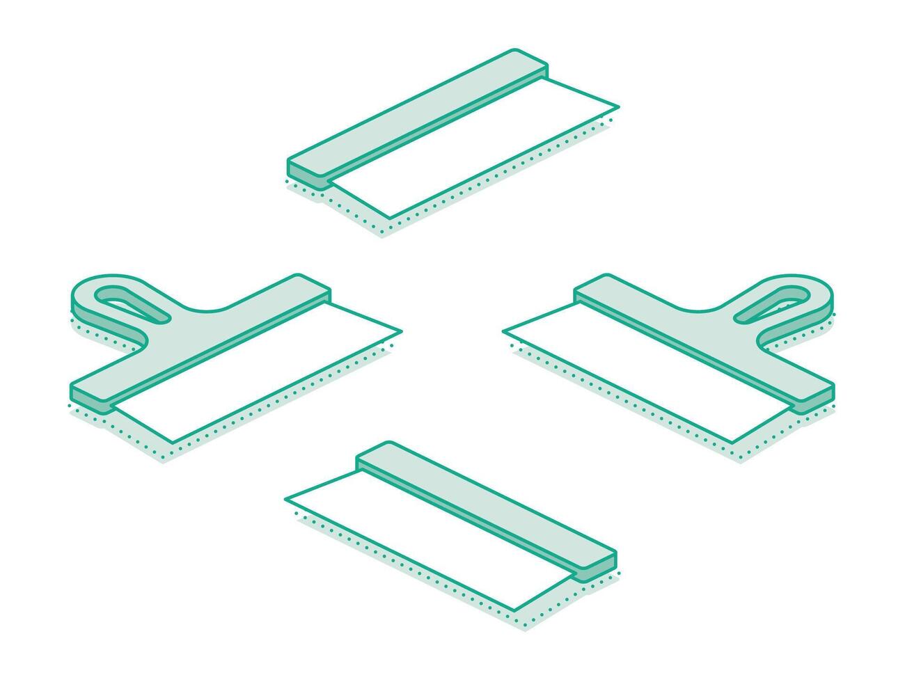 Isometric scraper putty knife. Outline object isolated on white background. Set of putty knifes. Spatula work tool. vector