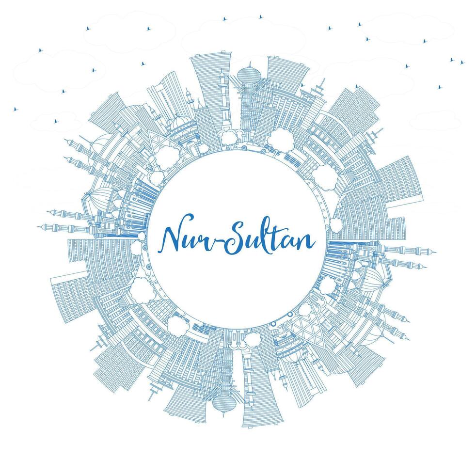 Outline Nur-Sultan Kazakhstan City Skyline with Blue Buildings and Copy Space. Nur-Sultan Cityscape with Landmarks. Tourism Concept with Modern Architecture. vector
