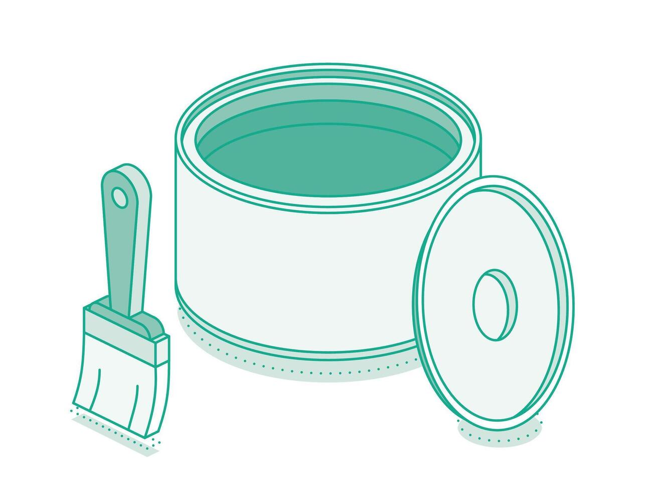 Isometric paint brush with open can and cap. Outline object isolated on white background. vector
