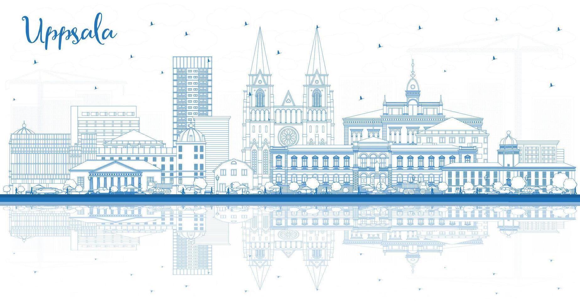 Outline Uppsala Sweden City Skyline with Blue Buildings. Uppsala Cityscape with Landmarks. Business Travel and Tourism Concept with Historic Architecture. vector