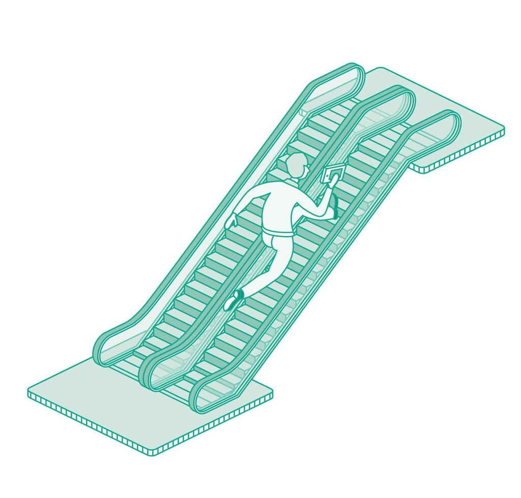 Man runs up an modern escalator. Isometric outline object isolated on white background. vector
