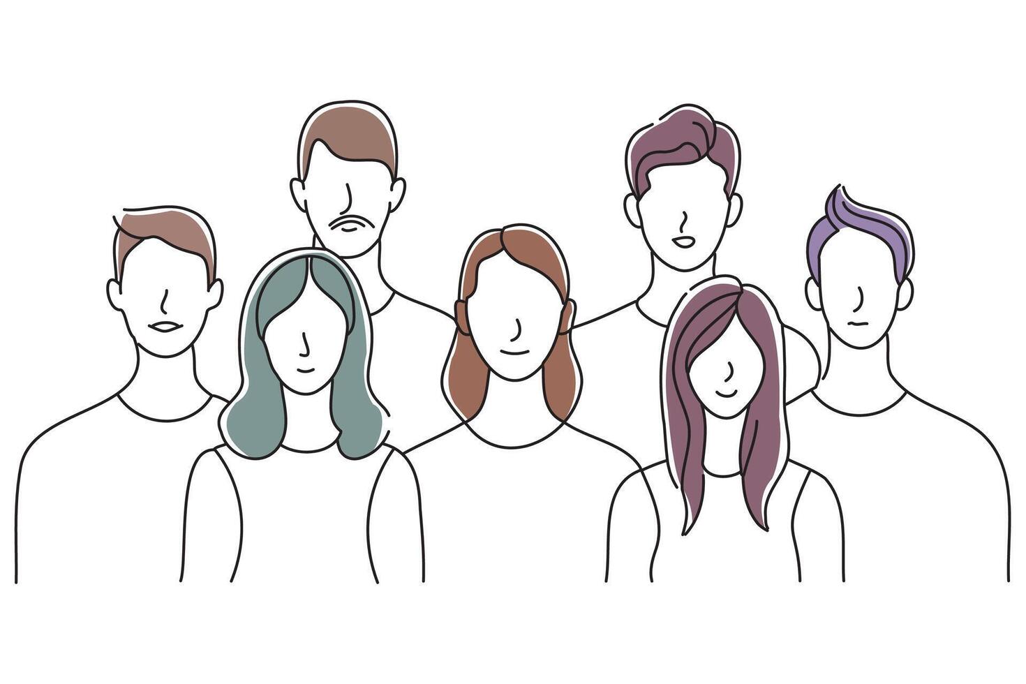 Group of people in a row looking in same direoodle continuous line art illustration. vector
