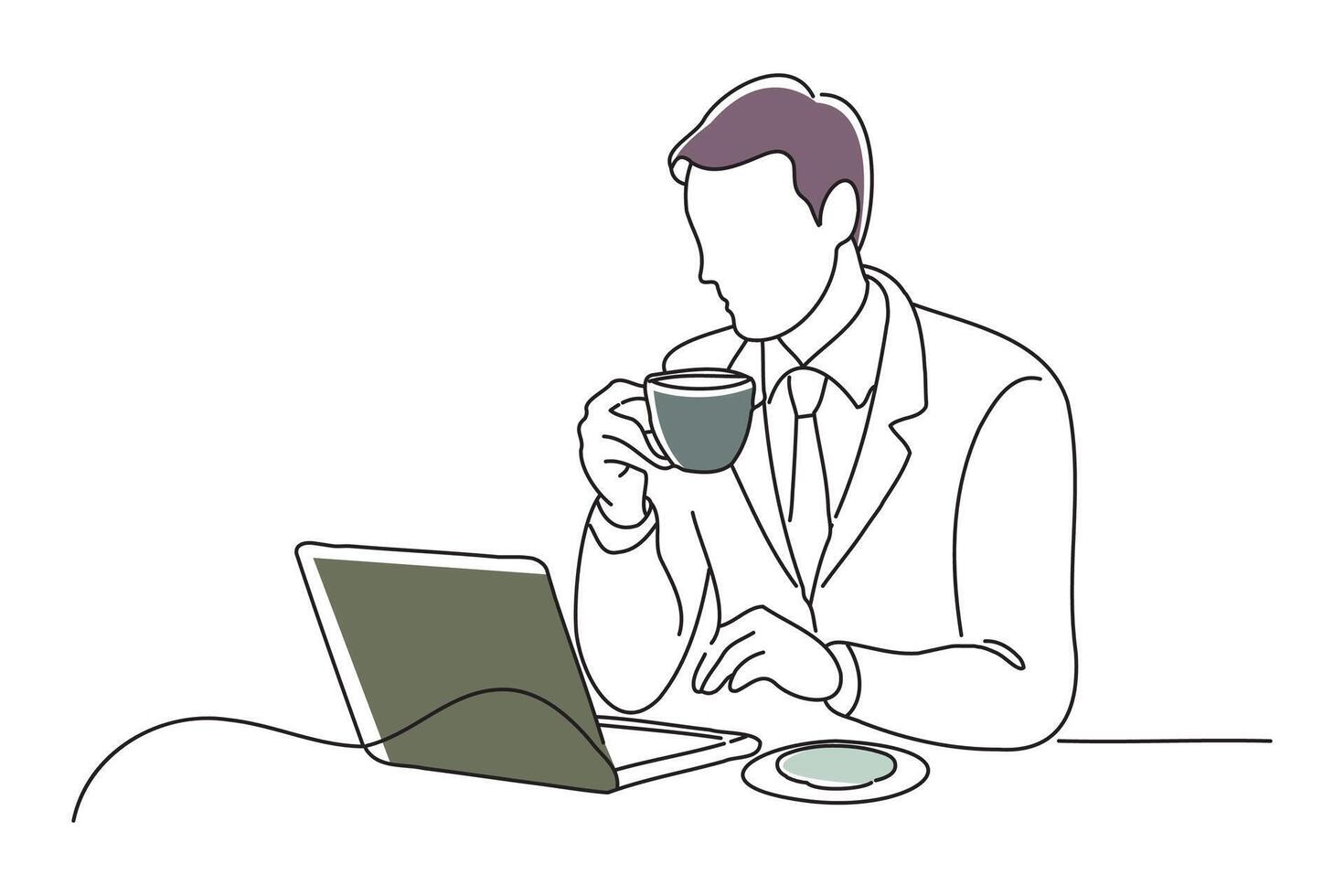 businessman thinking while working at a cafe, doodle continuous line art vector