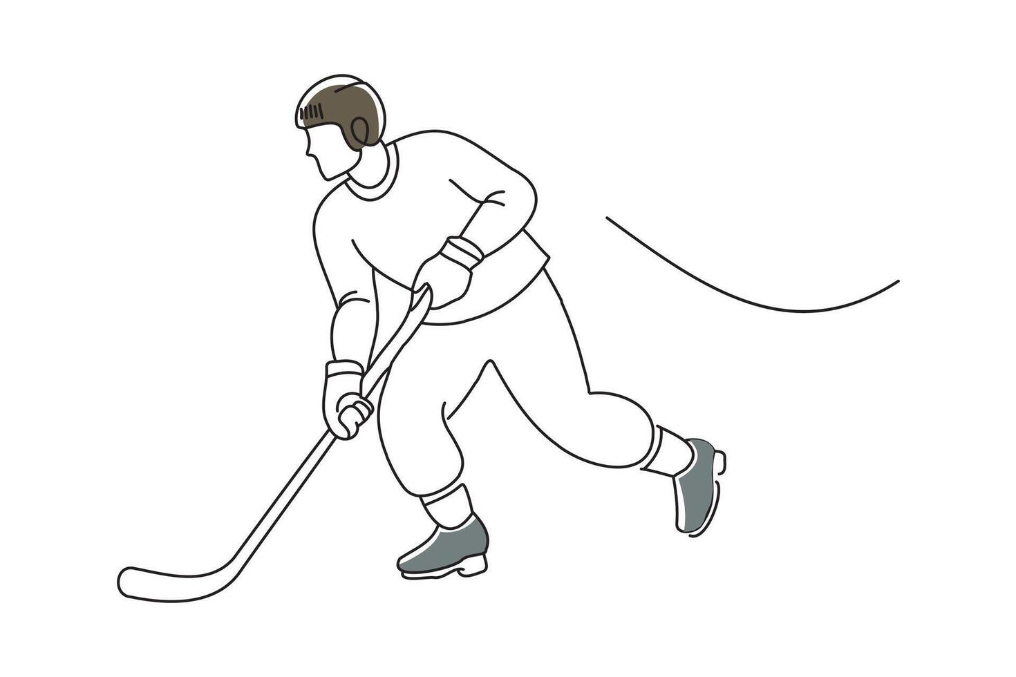 Professional Player Shooting the Puck with Hockey Stick, doodle continuous line art vector