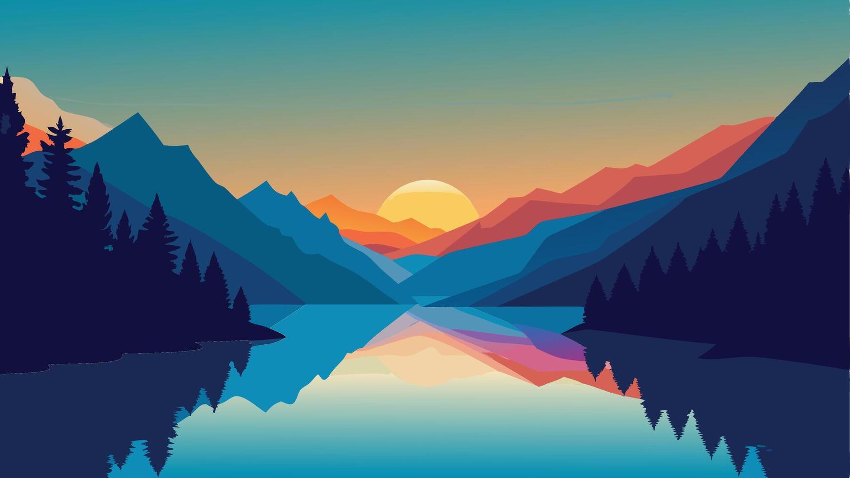 Summer sunrise on the incredibly beautiful Swiss lake Obersee, located near Nafels village. Alps, Switzerland, Europe. Flat vector
