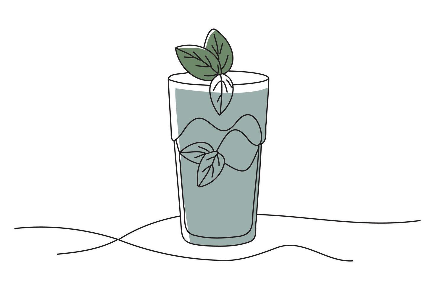 Tasty mint julep cocktail glass, doodle continuous line art vector