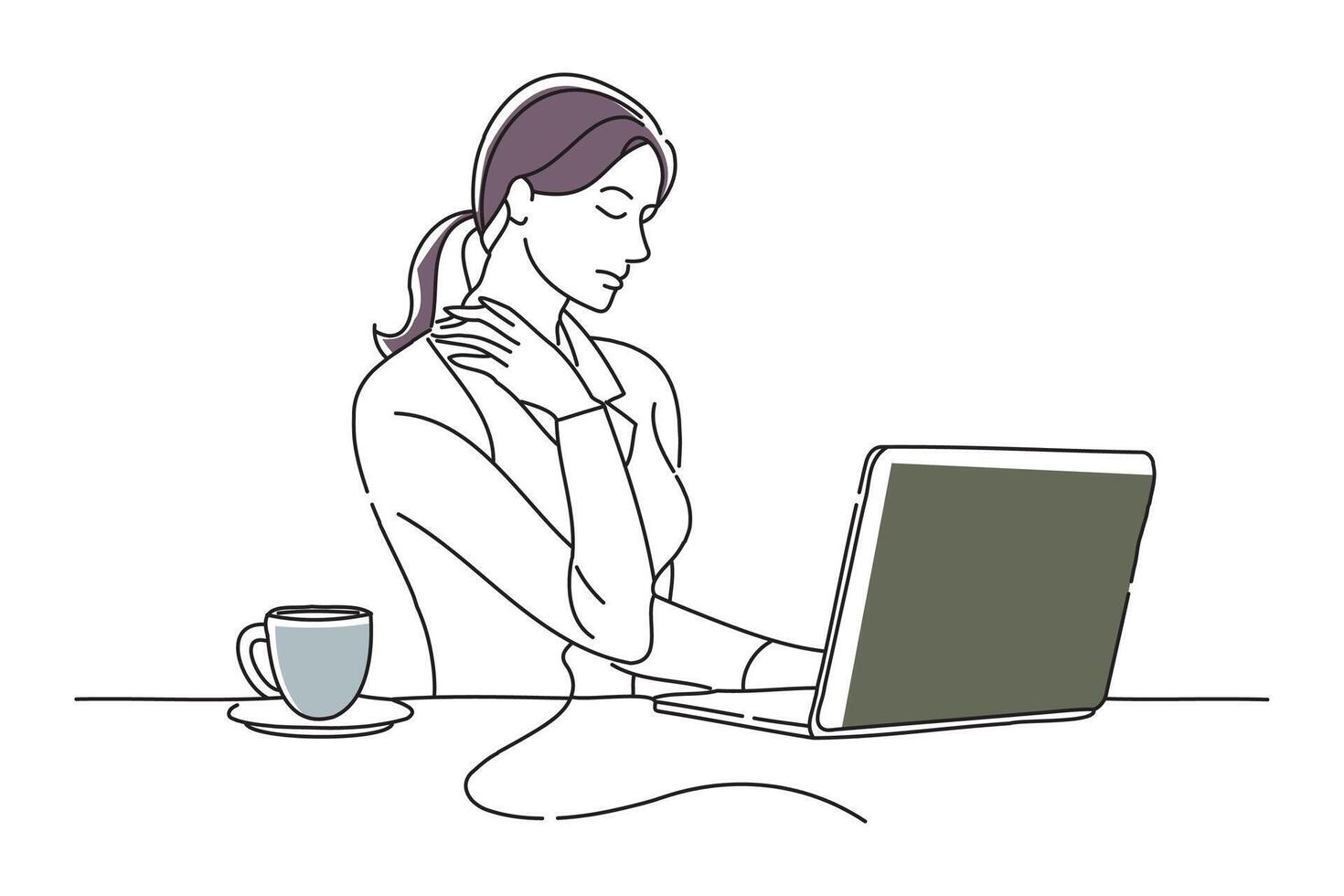 businesswoman suffers from shoulder pain while working from home., doodle continuous line art vector