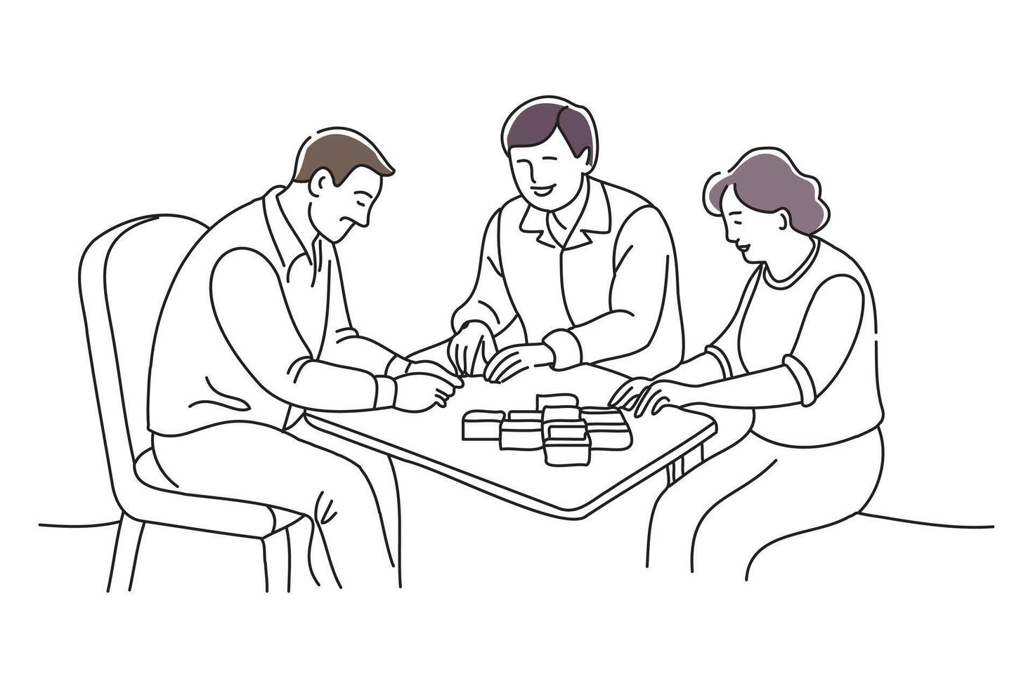 Elderly people playing mahjong in the recreation room of a nursing home, doodle continuous line art vector