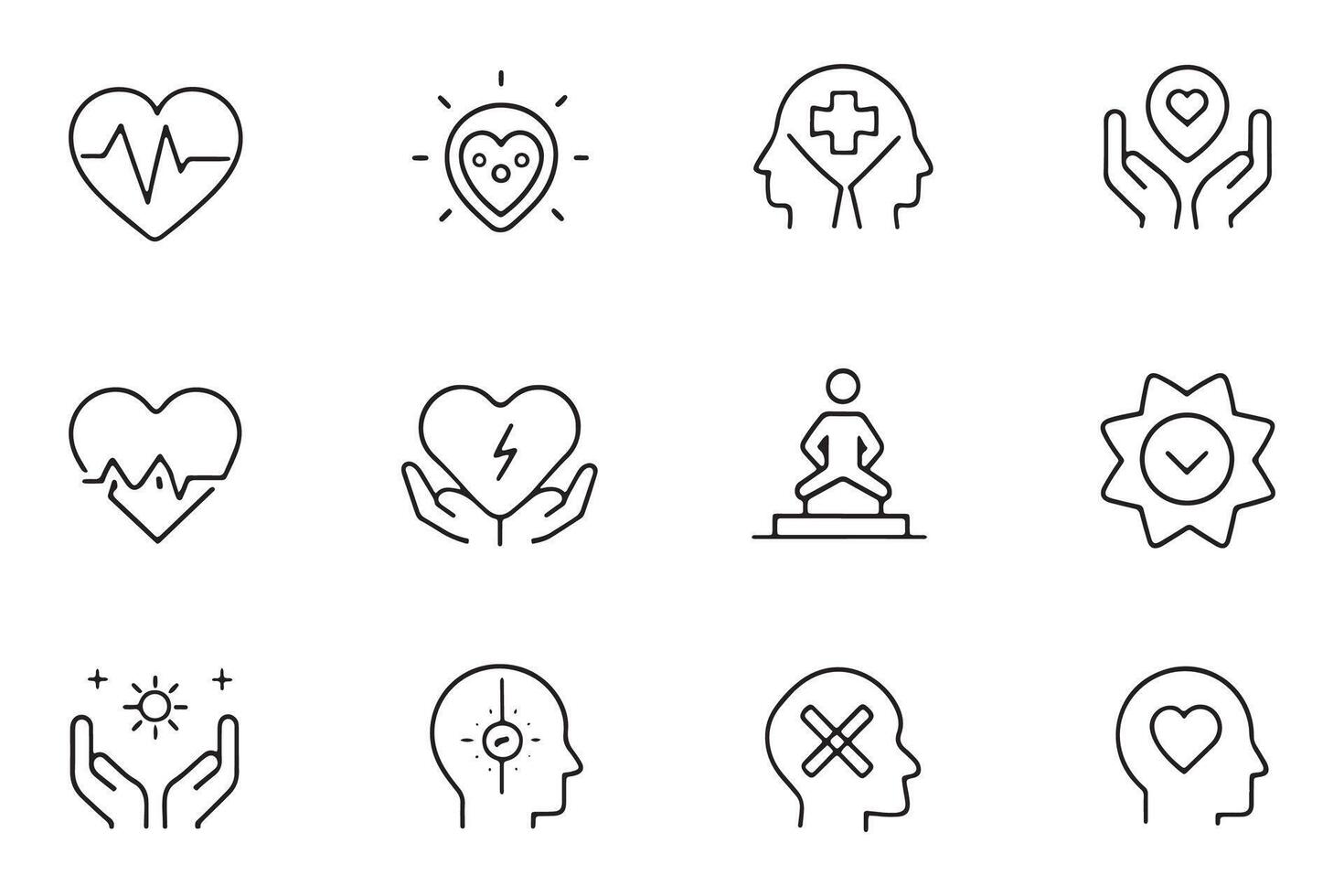 Mental health, mind therapy, self care and love concept related, editable stroke outline icons set vector