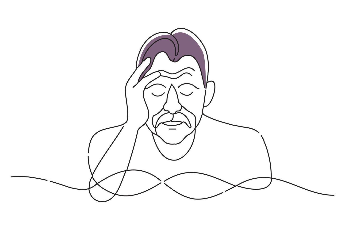 Elderly person with headache, doodle continuous line art vector