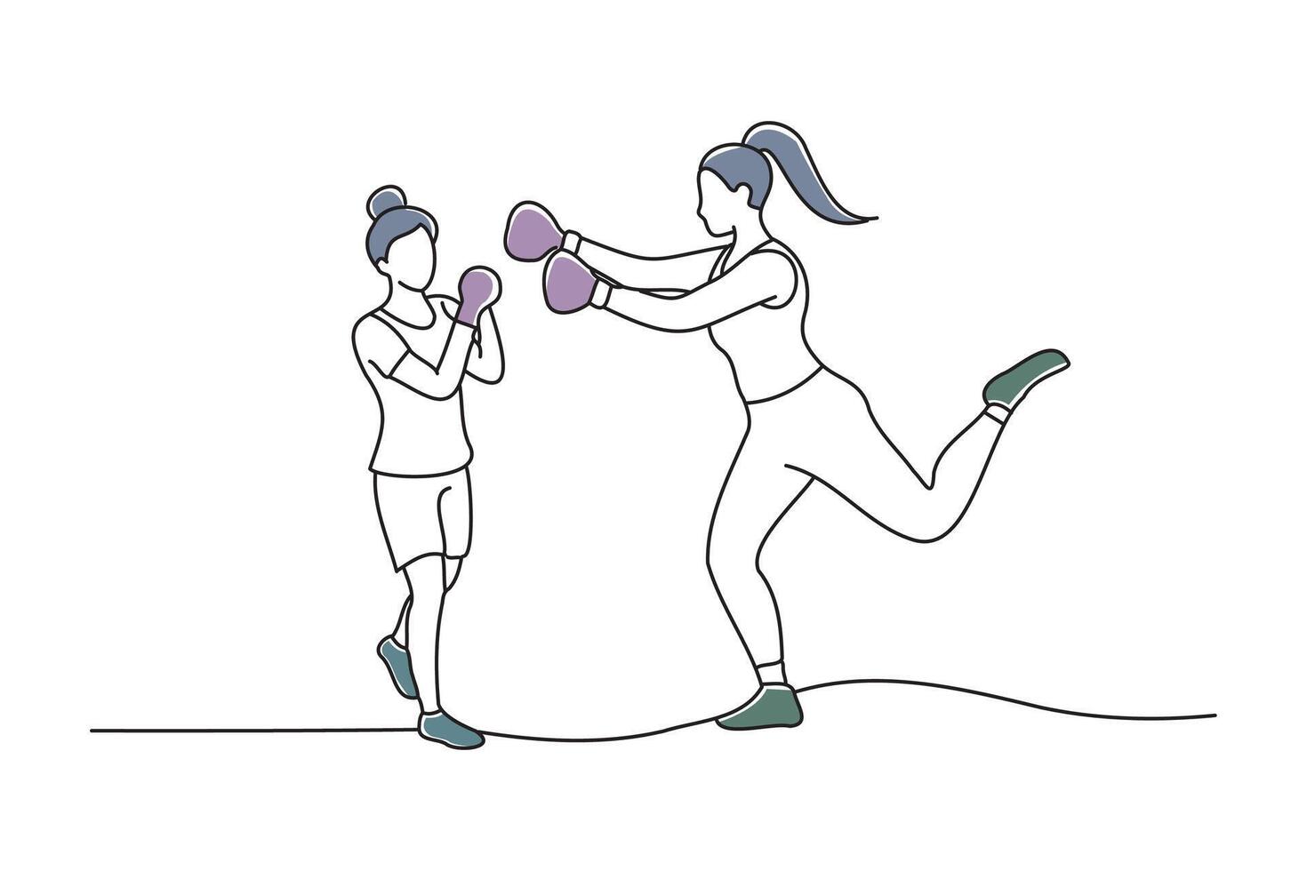 woman learning kickboxing from a personal trainer, doodle continuous line art vector