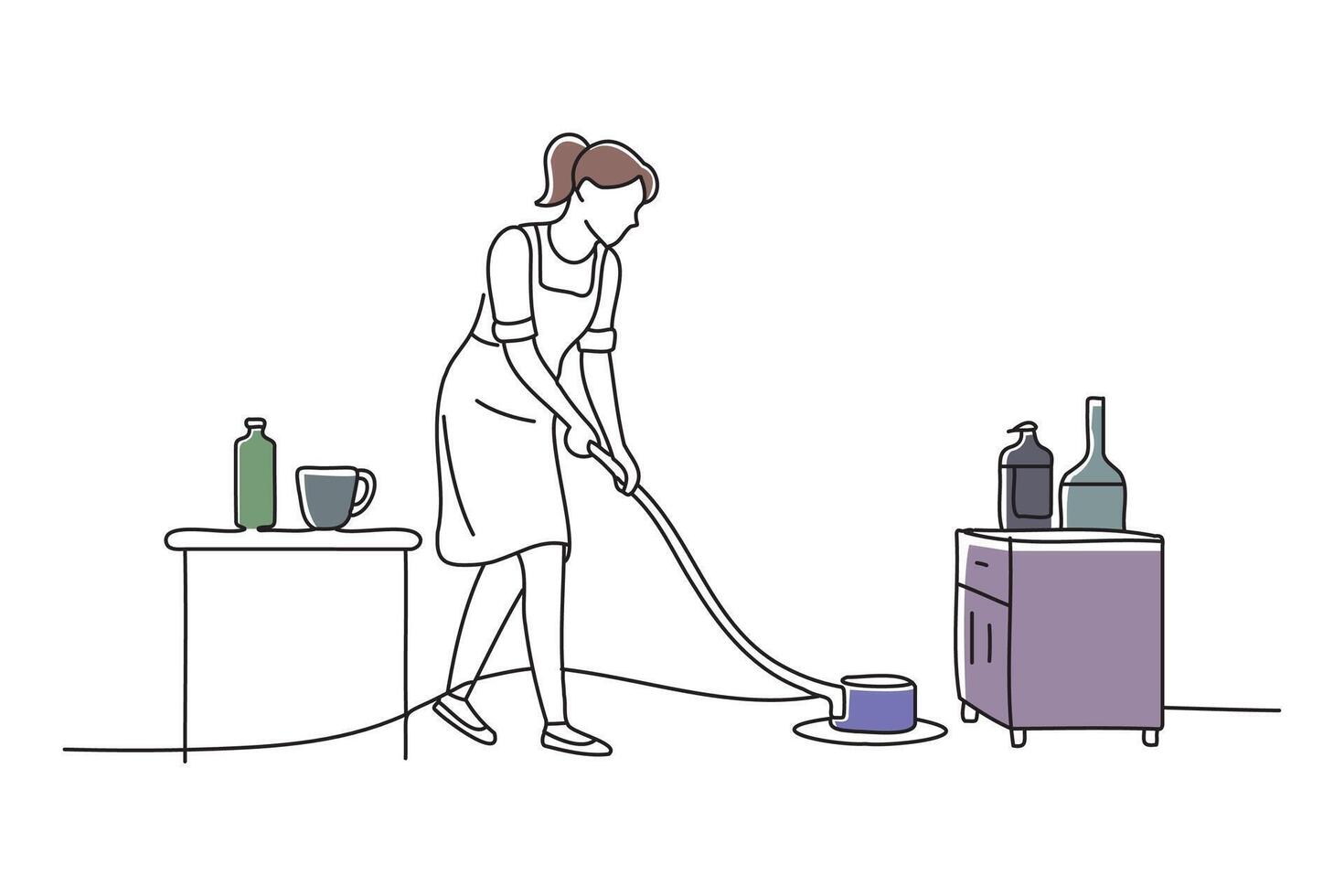 woman cleaninhen, doodle continuous line art vector