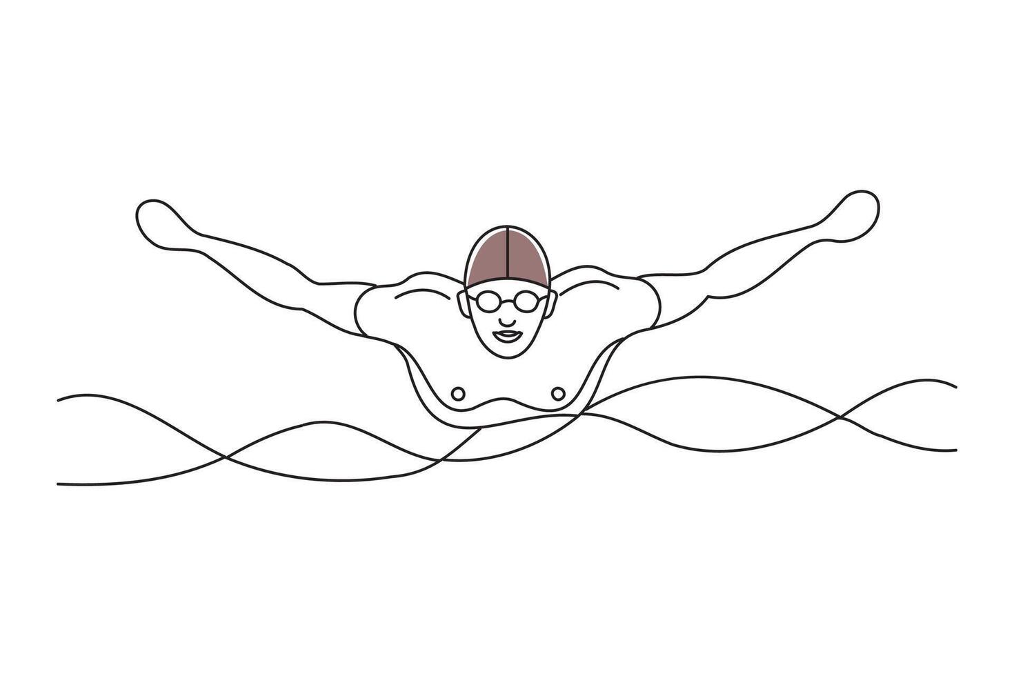 Aerial Top View Male Swimmer Swimming in Swimming Pool, doodle continuous line art vector