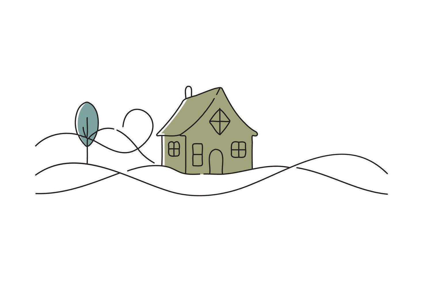 House and tree, doodle continuous line art illustration vector