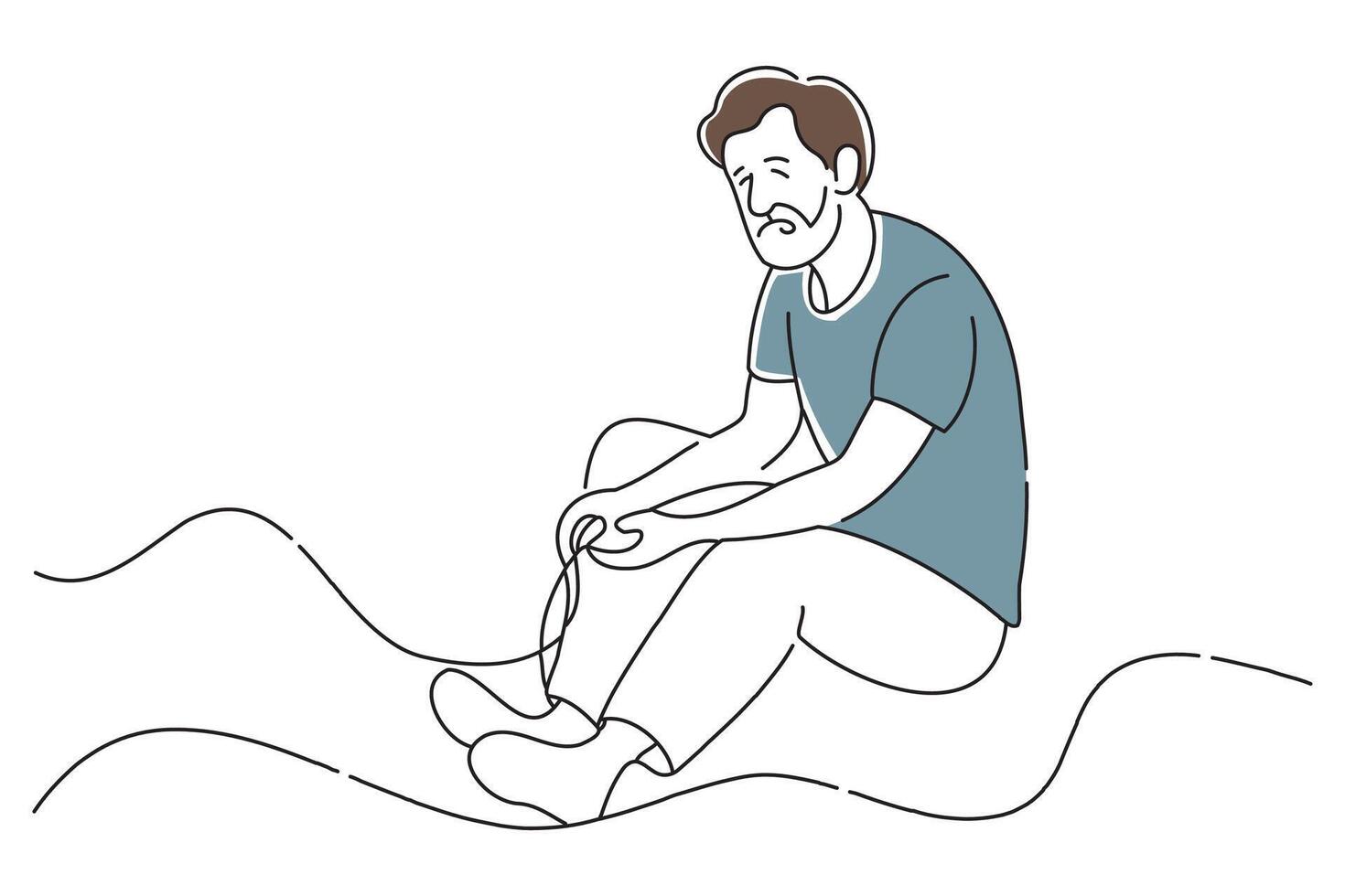Elderly person relaxing foot joints, doodle continuous line art vector